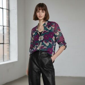 Kut from the Kloth Sinclair Sheer Floral Purple Green Button Front Sz M